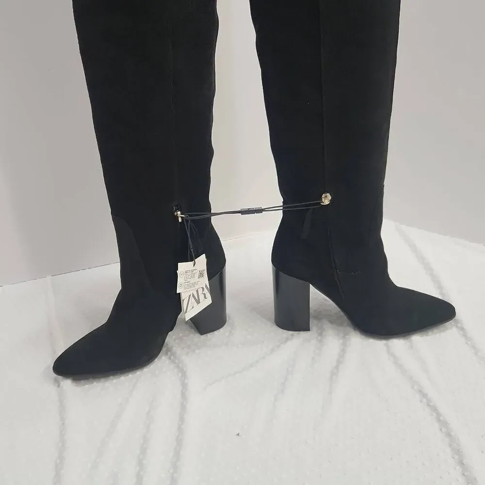 Zara Black Suede Over the Knee Boots Block Heel Women's Size 7.5 US / 38 EU